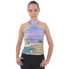 Vacation Island Sunset Sunrise Cross Neck Velour Top