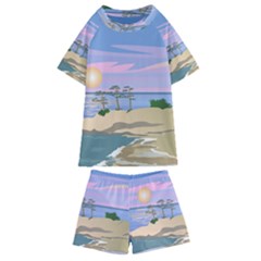 Vacation Island Sunset Sunrise Kids  Swim Tee And Shorts Set by Wegoenart