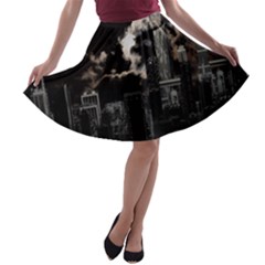 City Night Moon Skyline Skyscraper A-line Skater Skirt by Wegoenart