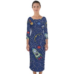 Cat Cosmos Cosmonaut Rocket Quarter Sleeve Midi Bodycon Dress by Wegoenart