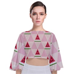 Seamless Pattern Watermelon Slices Geometric Style Tie Back Butterfly Sleeve Chiffon Top by Nexatart