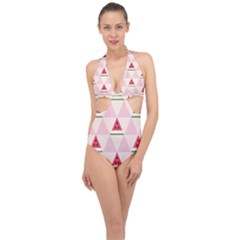 Seamless Pattern Watermelon Slices Geometric Style Halter Front Plunge Swimsuit by Nexatart