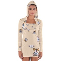 Cute Welsh Corgi Puppy Sitting Seamless Pattern Long Sleeve Hooded T-shirt by Nexatart