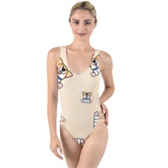 Cute Welsh Corgi Puppy Sitting Seamless Pattern High Leg Strappy Swimsuit by Nexatart