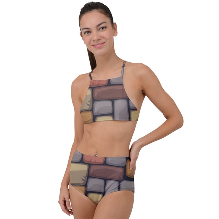 Colorful Brick Wall Texture High Waist Tankini Set