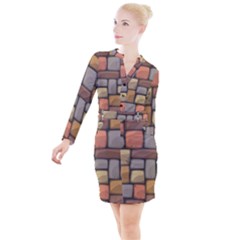 Colorful Brick Wall Texture Button Long Sleeve Dress