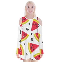 Cute Smiling Watermelon Seamless Pattern White Background Velvet Long Sleeve Shoulder Cutout Dress by Nexatart