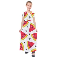 Cute Smiling Watermelon Seamless Pattern White Background Kids  Short Sleeve Maxi Dress by Nexatart