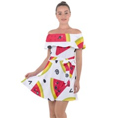 Cute Smiling Watermelon Seamless Pattern White Background Off Shoulder Velour Dress