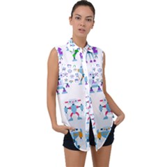 Cute Toy Robotsantennas Wires Seamless Pattern Sleeveless Chiffon Button Shirt