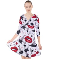 Red Lips Black Heels Pattern Quarter Sleeve Front Wrap Dress