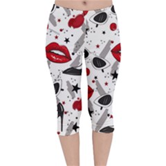 Red Lips Black Heels Pattern Velvet Capri Leggings  by Nexatart