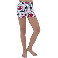 Red Lips Black Heels Pattern Kids  Lightweight Velour Yoga Shorts