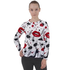 Red Lips Black Heels Pattern Women s Long Sleeve Raglan Tee