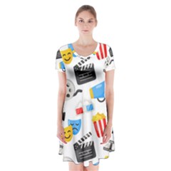 Cinema Icons Pattern Seamless Signs Symbols Collection Icon Short Sleeve V-neck Flare Dress