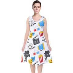 Cinema Icons Pattern Seamless Signs Symbols Collection Icon V-Neck Midi Sleeveless Dress 