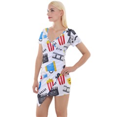 Cinema Icons Pattern Seamless Signs Symbols Collection Icon Short Sleeve Asymmetric Mini Dress