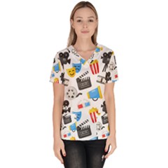 Cinema Icons Pattern Seamless Signs Symbols Collection Icon Women s V-Neck Scrub Top