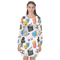 Cinema Icons Pattern Seamless Signs Symbols Collection Icon Long Sleeve Chiffon Shift Dress 