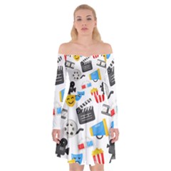 Cinema Icons Pattern Seamless Signs Symbols Collection Icon Off Shoulder Skater Dress