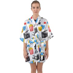 Cinema Icons Pattern Seamless Signs Symbols Collection Icon Half Sleeve Satin Kimono 