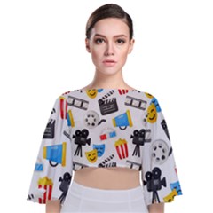 Cinema Icons Pattern Seamless Signs Symbols Collection Icon Tie Back Butterfly Sleeve Chiffon Top