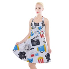 Cinema Icons Pattern Seamless Signs Symbols Collection Icon Halter Party Swing Dress 