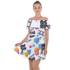 Cinema Icons Pattern Seamless Signs Symbols Collection Icon Off Shoulder Velour Dress