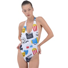 Cinema Icons Pattern Seamless Signs Symbols Collection Icon Backless Halter One Piece Swimsuit