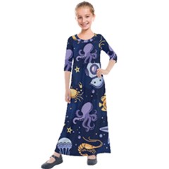 Marine Seamless Pattern Thin Line Memphis Style Kids  Quarter Sleeve Maxi Dress