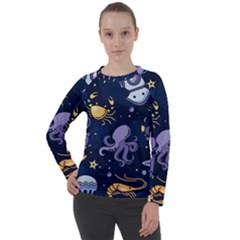 Marine Seamless Pattern Thin Line Memphis Style Women s Long Sleeve Raglan Tee