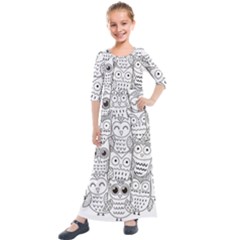 Circle Shape Pattern With Cute Owls Coloring Book Kids  Quarter Sleeve Maxi Dress by Nexatart