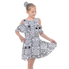 Circle Shape Pattern With Cute Owls Coloring Book Kids  Shoulder Cutout Chiffon Dress
