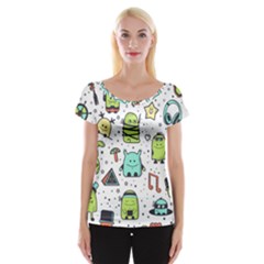 Seamless Pattern With Funny Monsters Cartoon Hand Drawn Characters Colorful Unusual Creatures Cap Sleeve Top by Nexatart