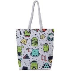 Seamless Pattern With Funny Monsters Cartoon Hand Drawn Characters Colorful Unusual Creatures Full Print Rope Handle Tote (small)