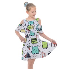 Seamless Pattern With Funny Monsters Cartoon Hand Drawn Characters Colorful Unusual Creatures Kids  Shoulder Cutout Chiffon Dress