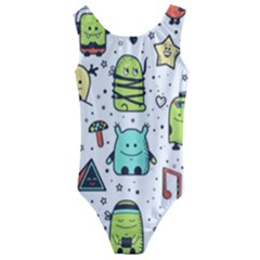 Seamless Pattern With Funny Monsters Cartoon Hand Drawn Characters Colorful Unusual Creatures Kids  Cut-out Back One Piece Swimsuit