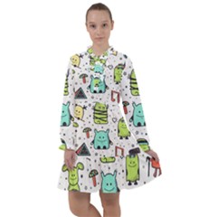 Seamless Pattern With Funny Monsters Cartoon Hand Drawn Characters Colorful Unusual Creatures All Frills Chiffon Dress by Nexatart