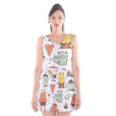 Funny Seamless Pattern With Cartoon Monsters Personage Colorful Hand Drawn Characters Unusual Creatu Scoop Neck Skater Dress
