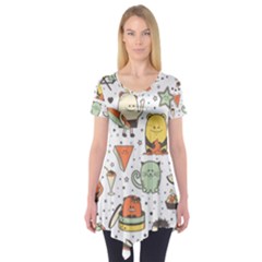 Funny Seamless Pattern With Cartoon Monsters Personage Colorful Hand Drawn Characters Unusual Creatu Short Sleeve Tunic 