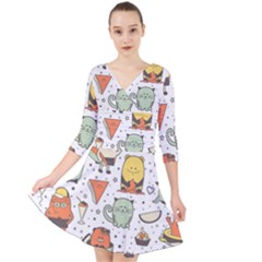 Funny Seamless Pattern With Cartoon Monsters Personage Colorful Hand Drawn Characters Unusual Creatu Quarter Sleeve Front Wrap Dress by Nexatart