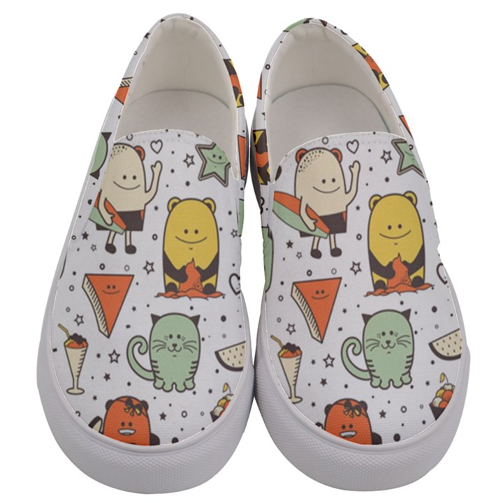 Funny Seamless Pattern With Cartoon Monsters Personage Colorful Hand Drawn Characters Unusual Creatu Men s Canvas Slip Ons