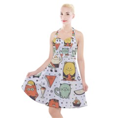 Funny Seamless Pattern With Cartoon Monsters Personage Colorful Hand Drawn Characters Unusual Creatu Halter Party Swing Dress  by Nexatart