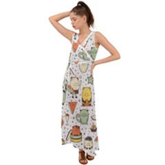 Funny Seamless Pattern With Cartoon Monsters Personage Colorful Hand Drawn Characters Unusual Creatu V-neck Chiffon Maxi Dress