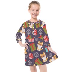 Welsh Corgi Dog With Gift Boxes Seamless Pattern Wallpaper Kids  Quarter Sleeve Shirt Dress