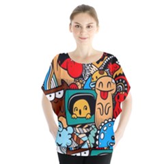 Abstract Grunge Urban Pattern With Monster Character Super Drawing Graffiti Style Batwing Chiffon Blouse