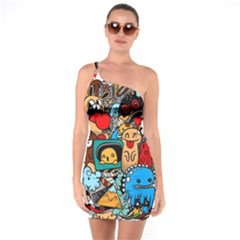 Abstract Grunge Urban Pattern With Monster Character Super Drawing Graffiti Style One Soulder Bodycon Dress by Nexatart