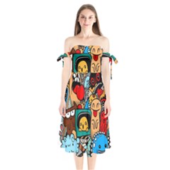 Abstract Grunge Urban Pattern With Monster Character Super Drawing Graffiti Style Shoulder Tie Bardot Midi Dress by Nexatart