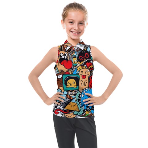 Abstract Grunge Urban Pattern With Monster Character Super Drawing Graffiti Style Kids  Sleeveless Polo Tee by Nexatart