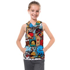 Abstract Grunge Urban Pattern With Monster Character Super Drawing Graffiti Style Kids  Sleeveless Hoodie